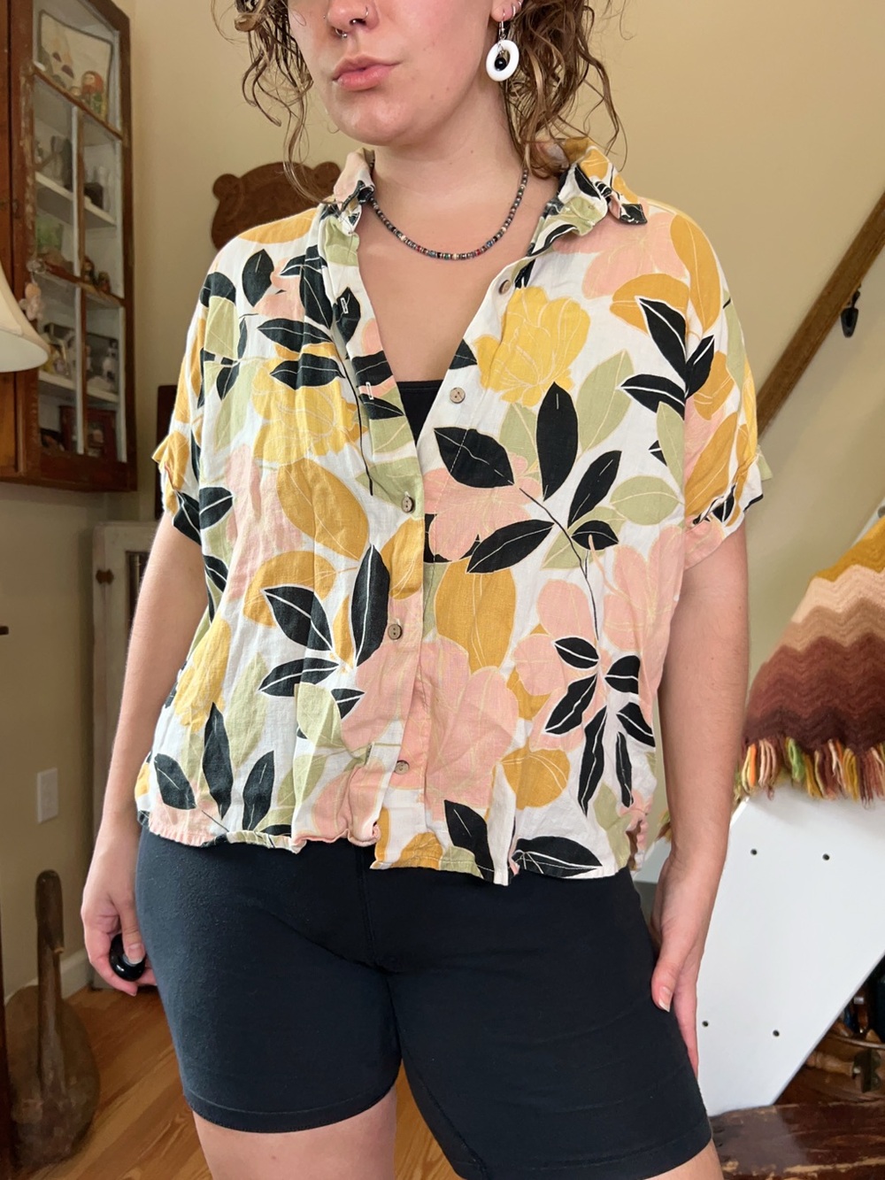 Rachel Zoe Tropical Floral Leaf Print 100% Linen Button Up Blouse Size Medium